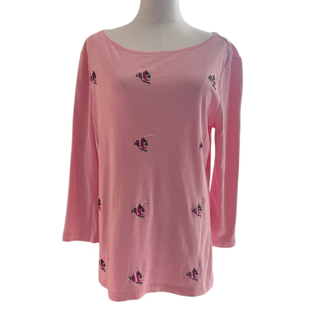 Talbots Women Large Pink Embroidered Beaded Tropical Fish Cotton Tunic Top